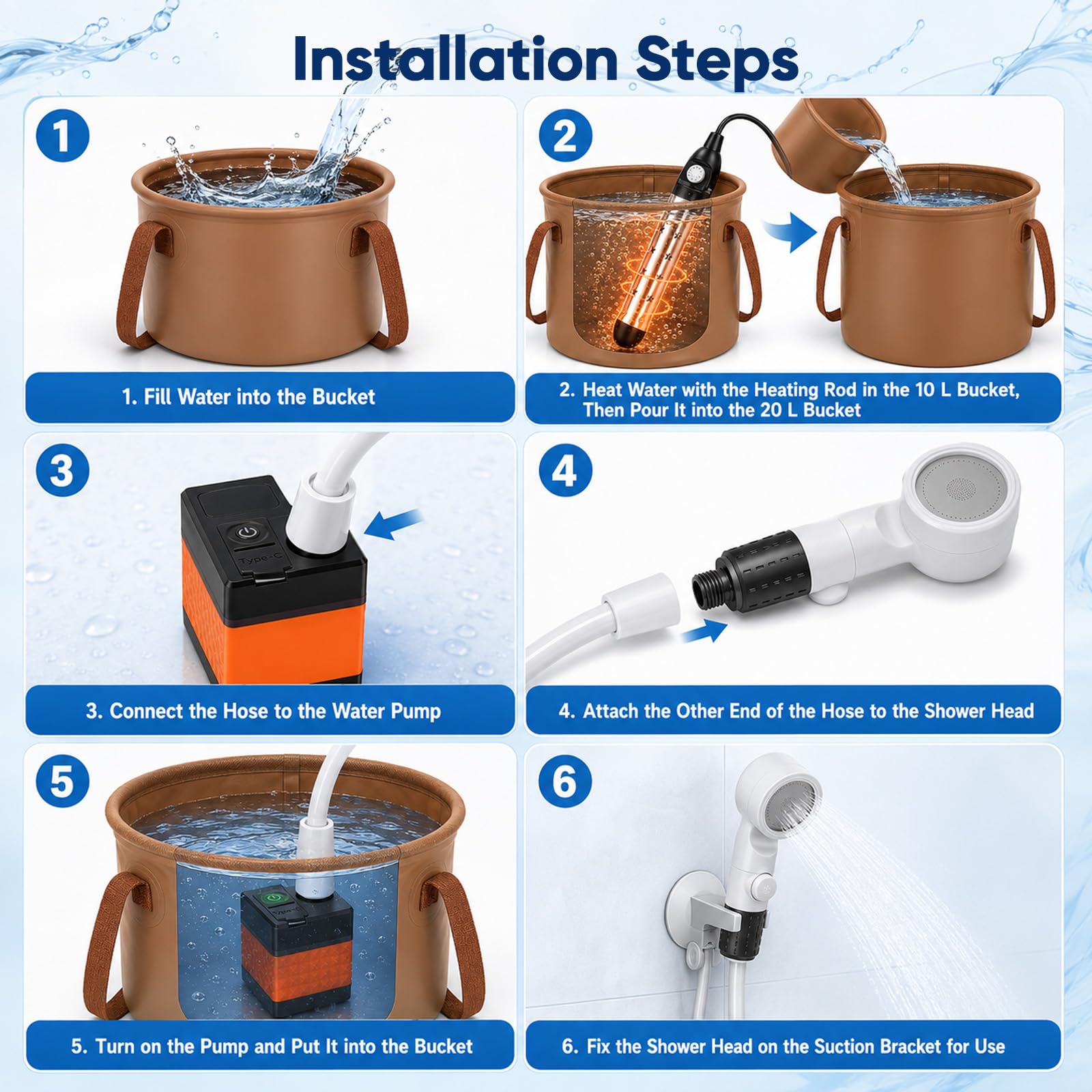 Douche de camping avec tige chauffante, douche d'extérieur avec pompe batterie 5200 mAh, kit pompe de douche avec fonction chauffage et réservoir d'eau de 20 l, pompe de camping pour voyage