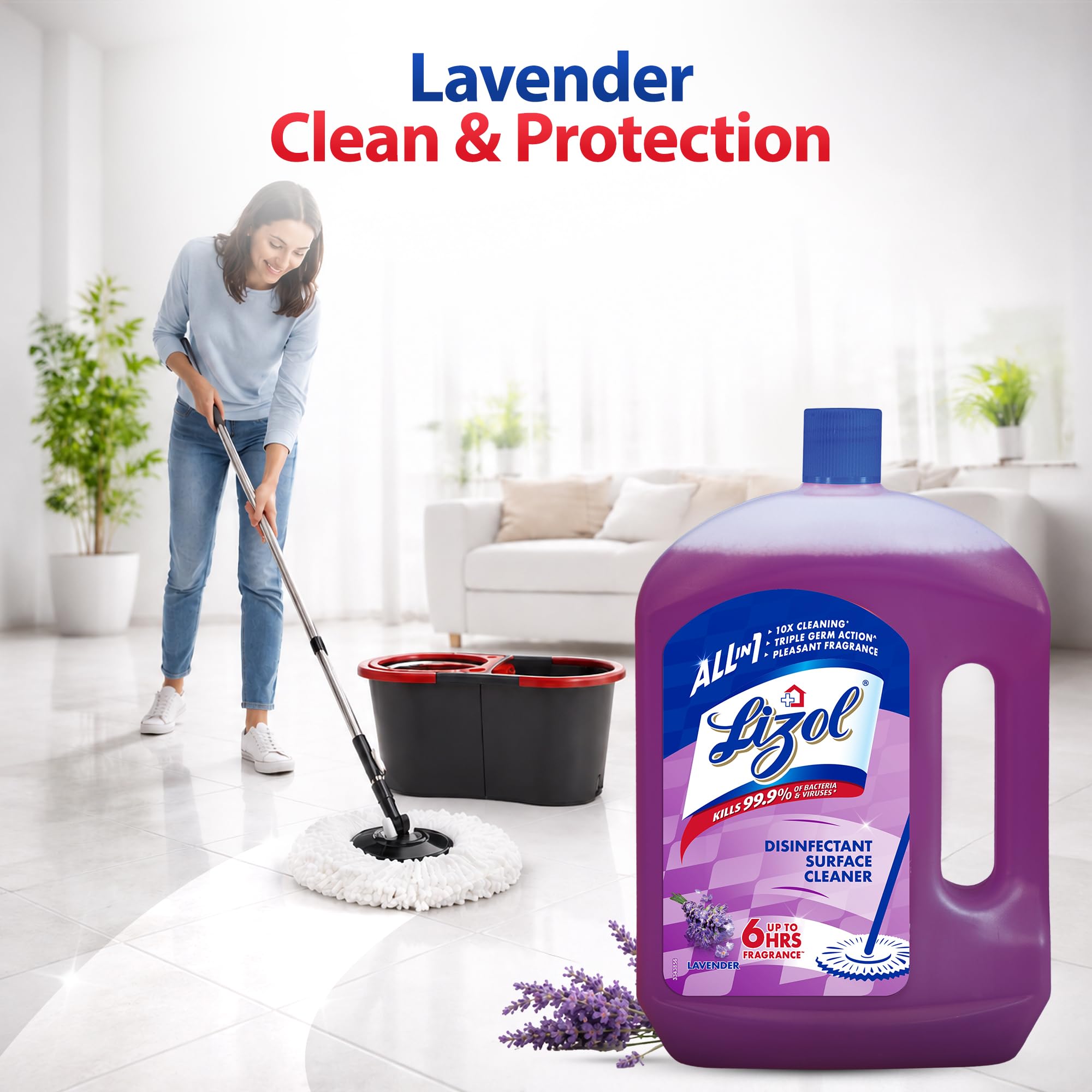 Lizol Disinfectant Surface & Floor Cleaner Liquid, Lavender - 2 Litre | Suitable for All Floor Cleaner Mops | Kills 99.9% Germs| India's #1 Floor Cleaner 1
