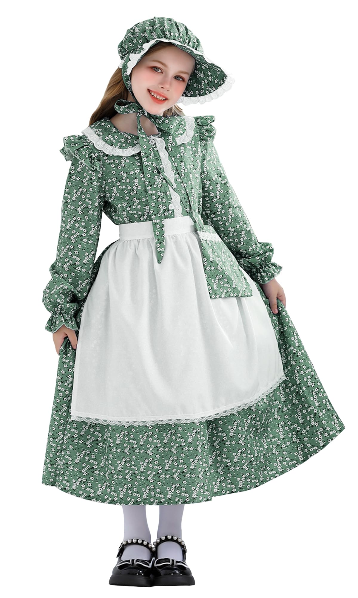 NEAWEALY Kids Victorian Maid Dress Girl Pioneer Colonial Outfit Prairie Dress Halloween Maid Costume Green 9-10Y
