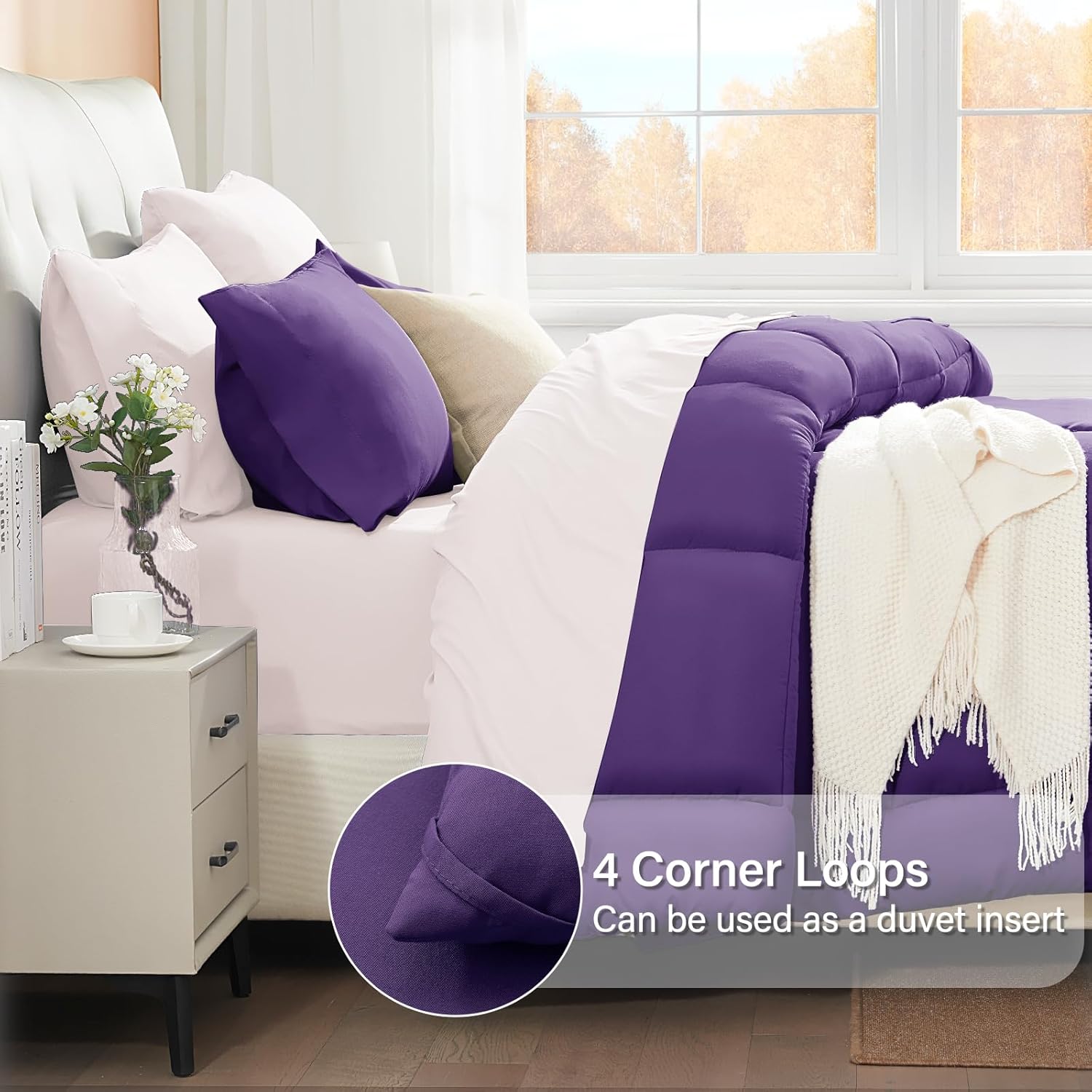 SunStyle Home Queen Comforter Set Purple, 3 Pieces Lightweight Comforters Queen Size Solid Box Stitched Bedding Sets, Soft Breathable Down Alternative Bed Set with 2 Pillow Shams for All Seasons
