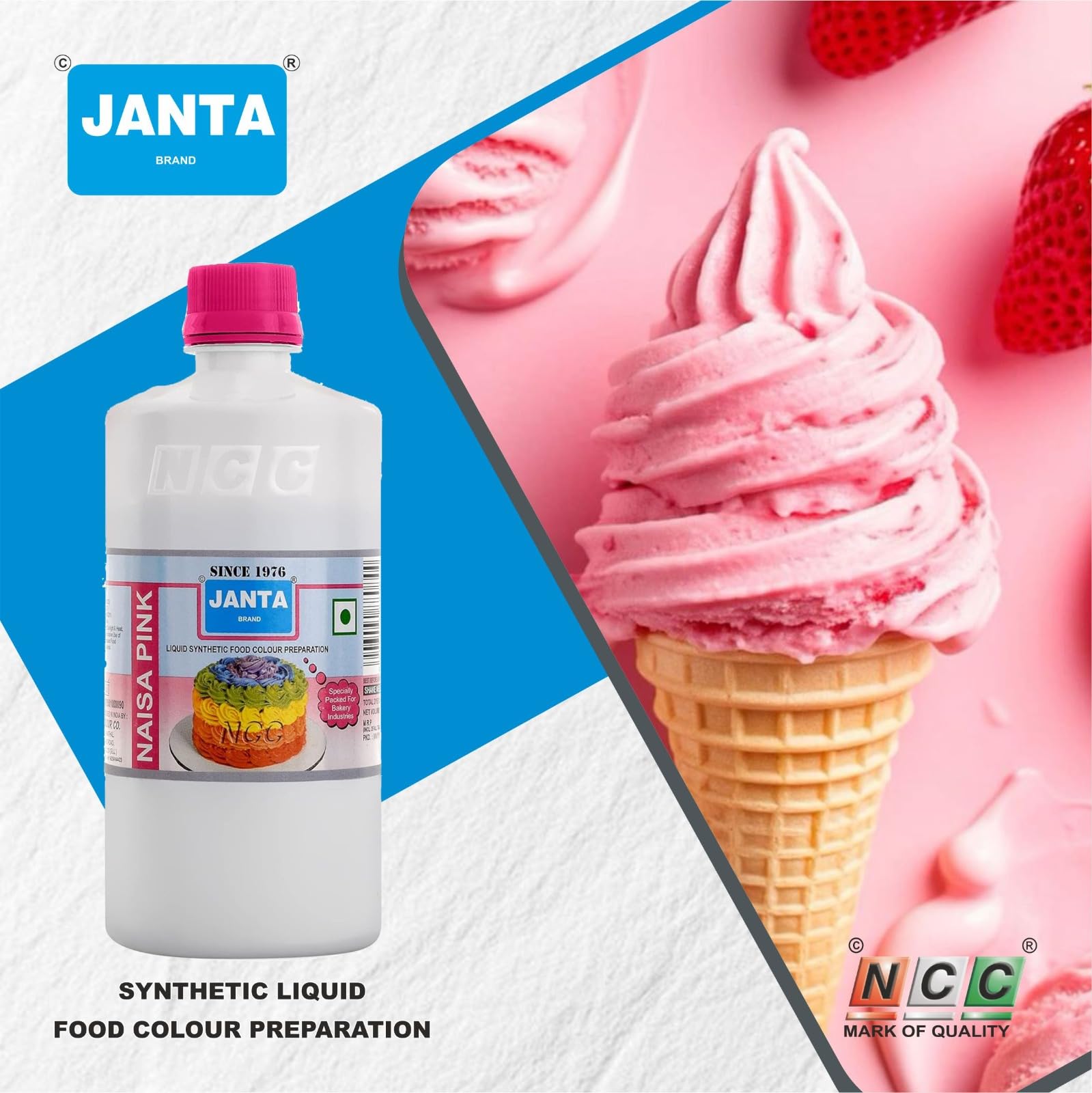 Janta Synthetic Naisa Pink Liquid Food Colour For Specially Bakery, Dairy, Snack Food, Ice Cream, Soups, Jams, Pickles, Cakes, Sweet, Food & Beverage Use For Food Colouring Purposes only Alcohol Free-500gm (Pack Of 1)