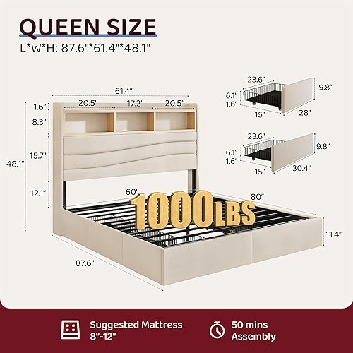 Miniatura 2 de Base de cama tamaño Queen con 6 cajones de almacenamiento, plataforma tapizada de lino con estación de carga y luces LED, diseño de cabecera en