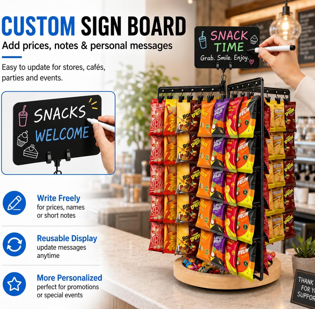Chip Rack Display Stand, 360° Rotating 6-Sided Chip Holder Display for Countertop with 75 Adjustable Clips, Wooden Base Tray, DIY Message Board & Pen, Snack Display Rack for Concession Stand, Retail, Office, Parties
