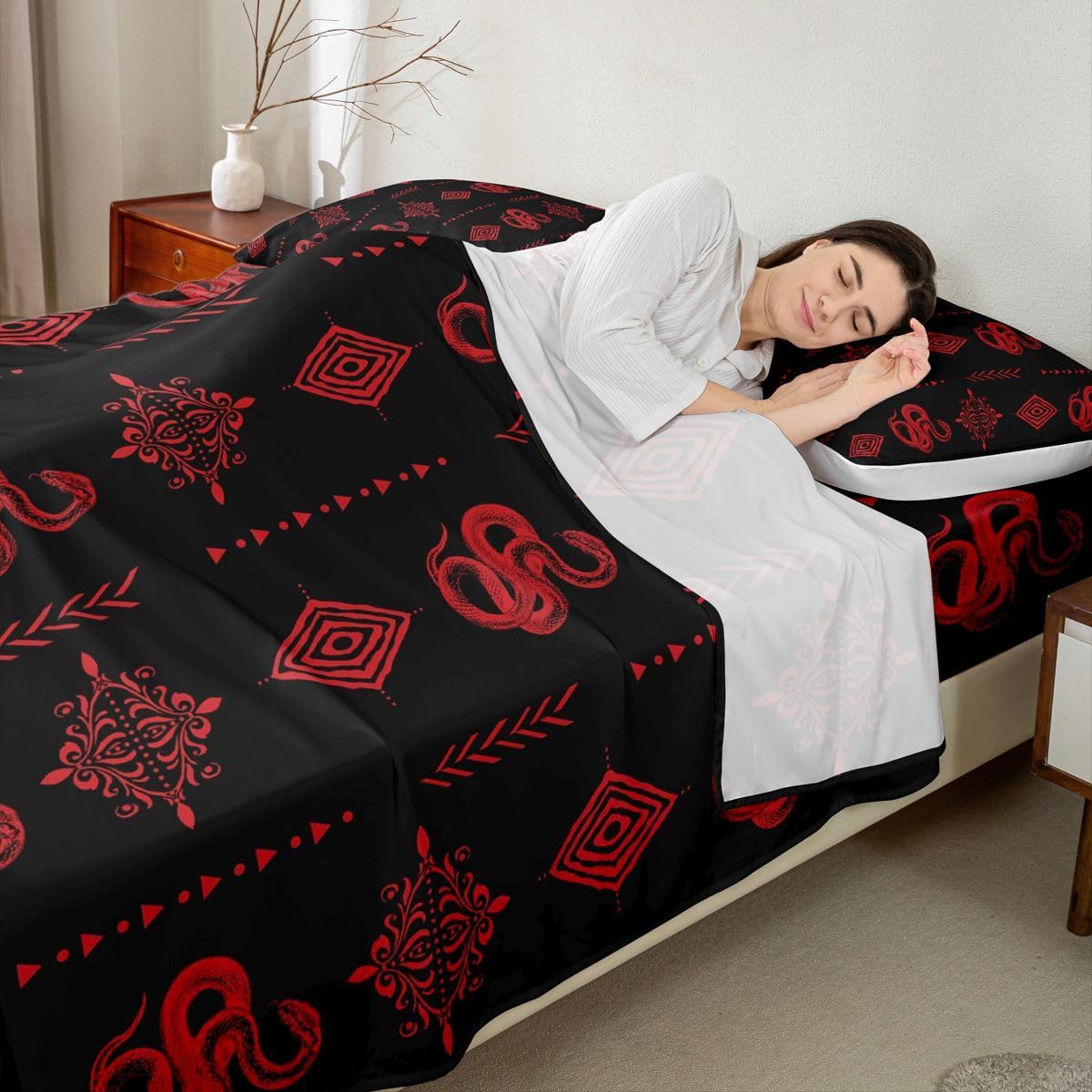 Erosebridal Tropical Snake Bed Sheets Set Southwestern Aztec Western Queen Sheet Set for Toddler Boys | Red Damask Bohemian Goth Flat Sheet,Gothic Vintage Floral Victorian Decor