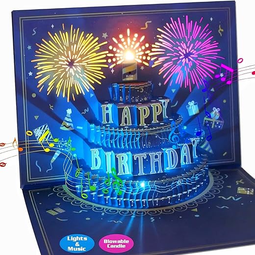 UPGRADED 3D Pop Up Firework Birthday Cards, Musical & LED Lights Birthday Cards with Blowable Birthday Cake, Greeting Cards, Birthday Gifts for Mom…