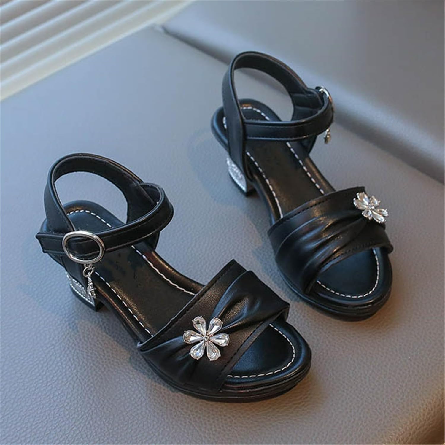 Little Girls Dress Shoes 2026 Rhinestone Flower Princess Party Heels Comfy Chunky Heel Ankle Strap Kids Footwear
