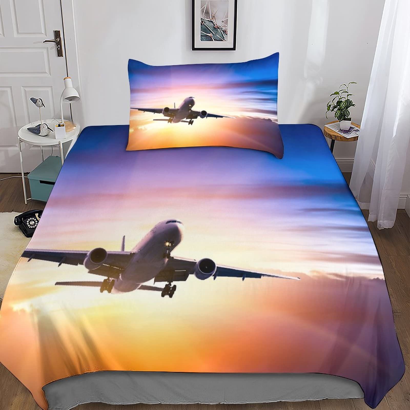 Housse de couette impression 3D motif vol et avions en tissu microfibre