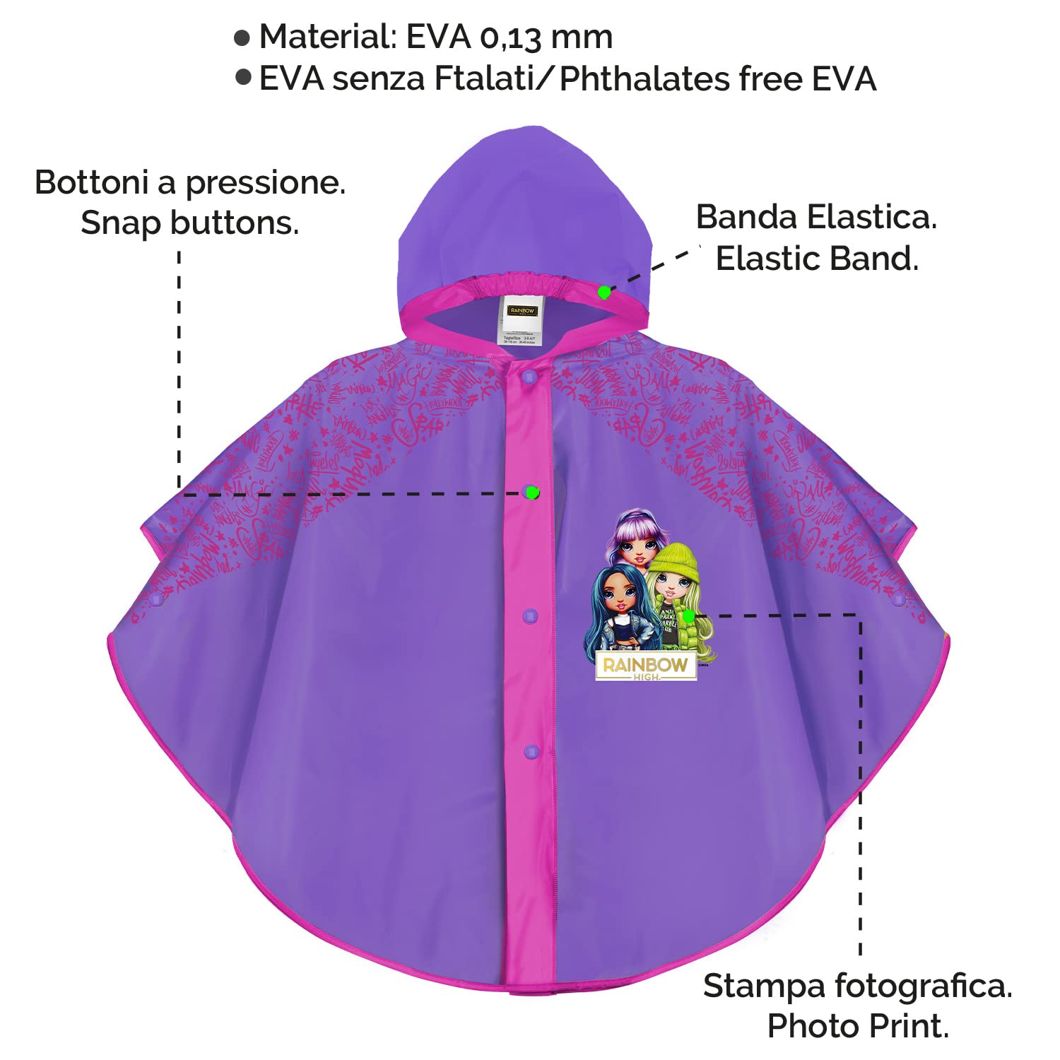 PERLETTI Poncho Niña para Lluvia Rainbow High 3 4 5 6 años - Chubasquero Infantil Muñecas de Color Violeta y Detalles Fucsia - Impermeable para Pequeñas con Capucha y Botones a Presión