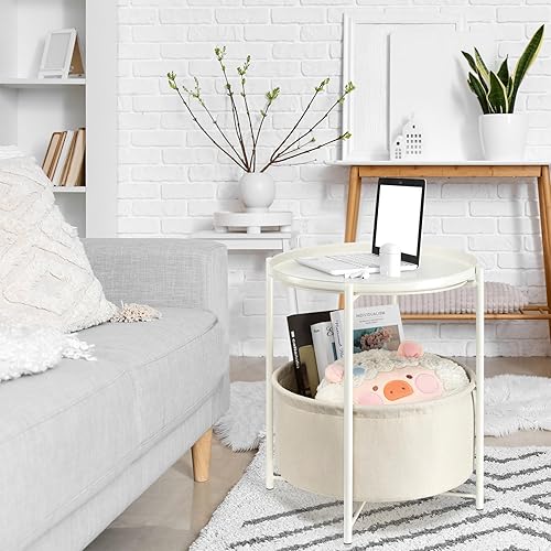 Miniatura 46 de danpinera Mesa auxiliar redonda con cesta de almacenamiento de tela, mesita de noche pequeña de metal con bandeja extraíble para sala de estar,
