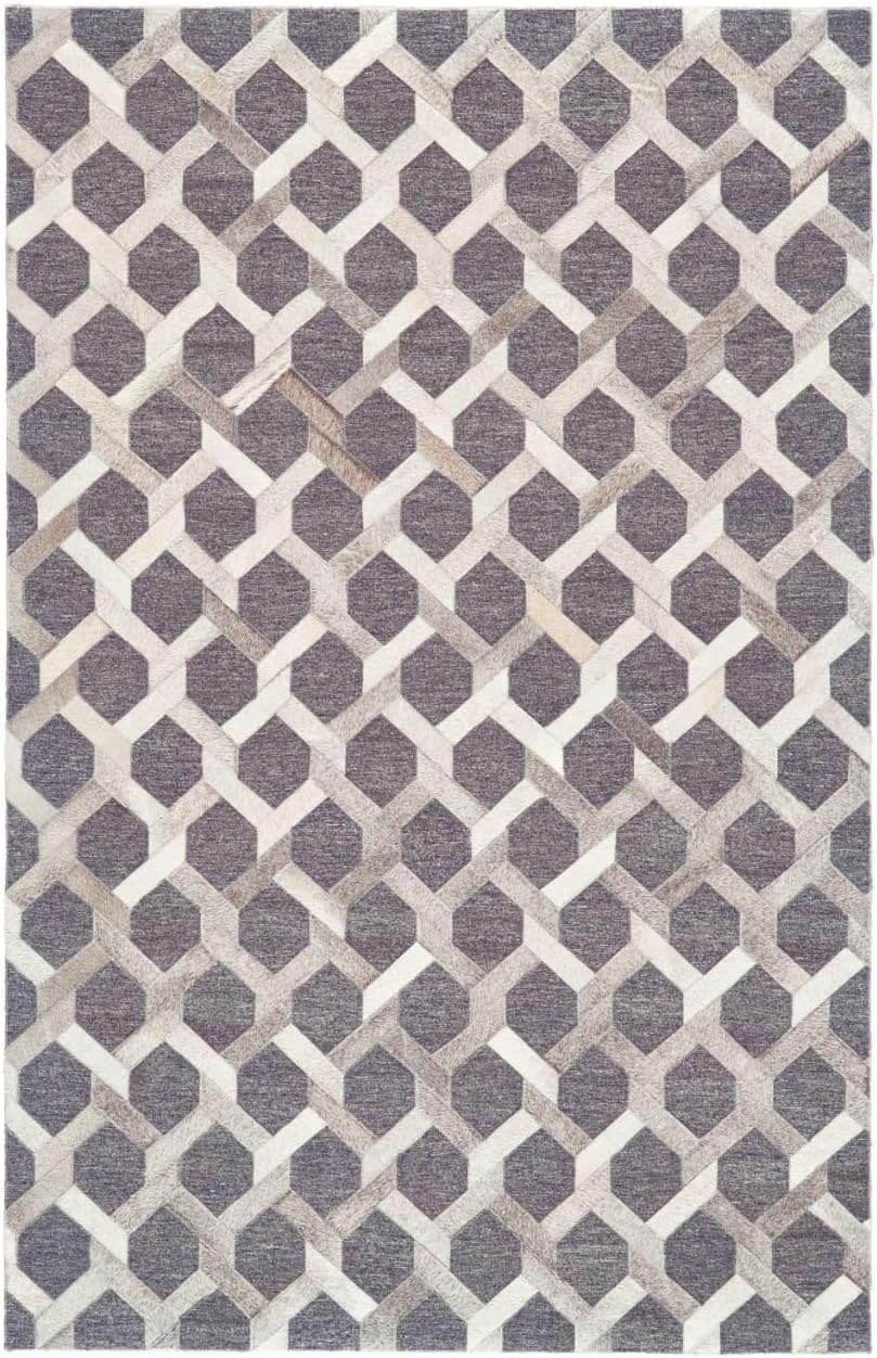 Leather and Jacquard Geometric Pattern Area Rug, Diamond Lattice Design, Black and Gray, (Natural Multi Beige/Grey-107, 6x9)