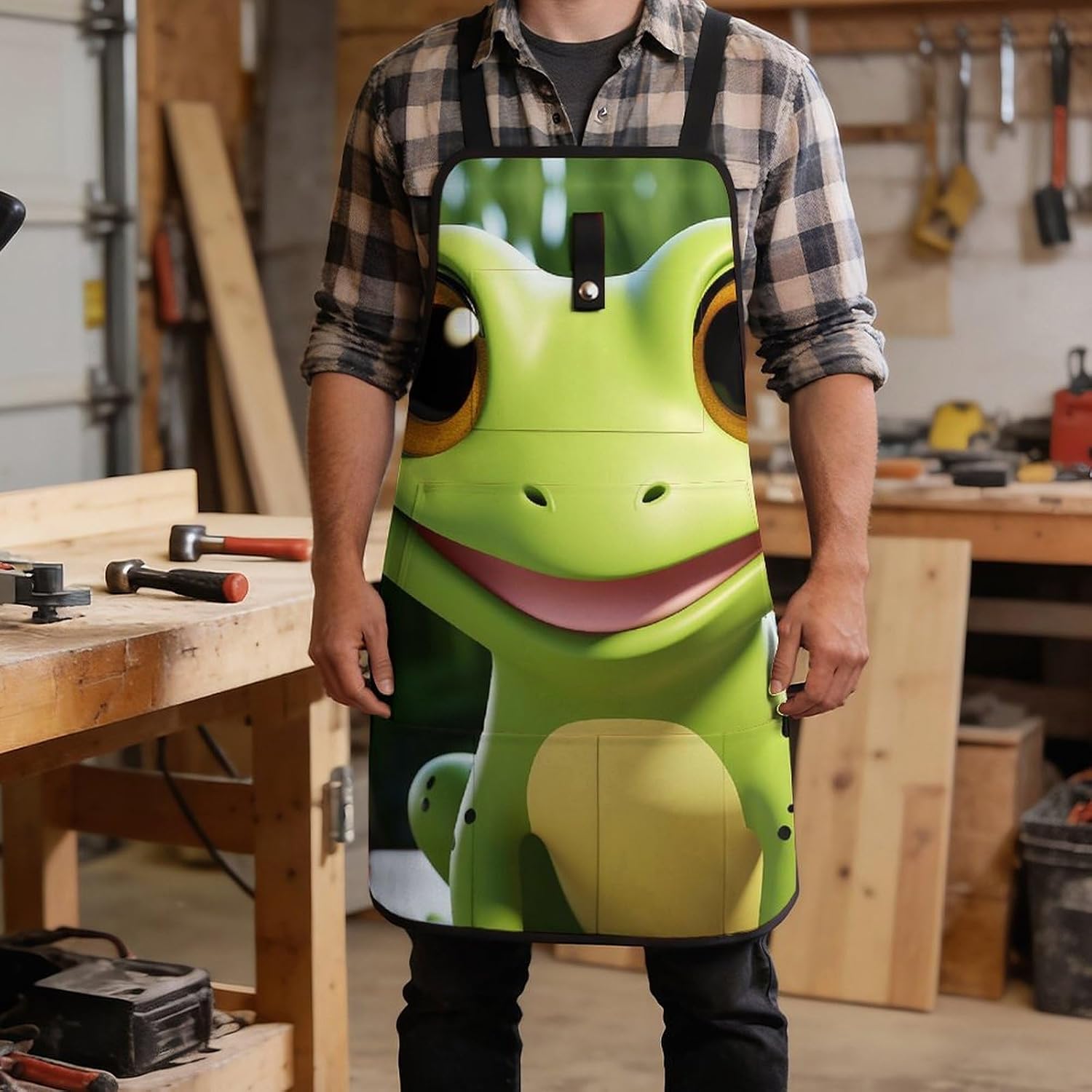 Cute Frog Work Apron with 8 Tool Pockets Fully-Adjustable Cross-Back Carpenter Apron for Workshop Cooking Cleaning Woodworking Gardening Welding & DIY Enthusiasts image 5