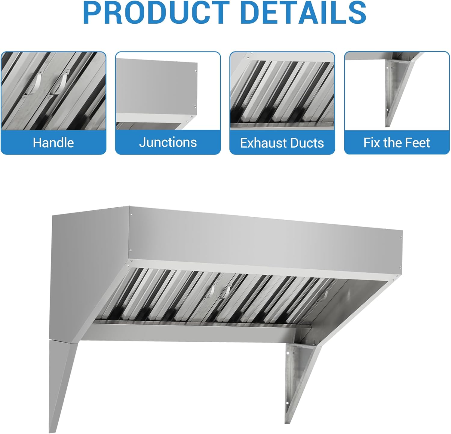 Commercial Kitchen Exhaust Hood, 5Ft Rust-Resistant 201 Stainless Steel Vent with u-Shaped Baffle Filters, No Electricity Required for Safe Grease Extraction, for Restaurant, Food Truck & Kitchen