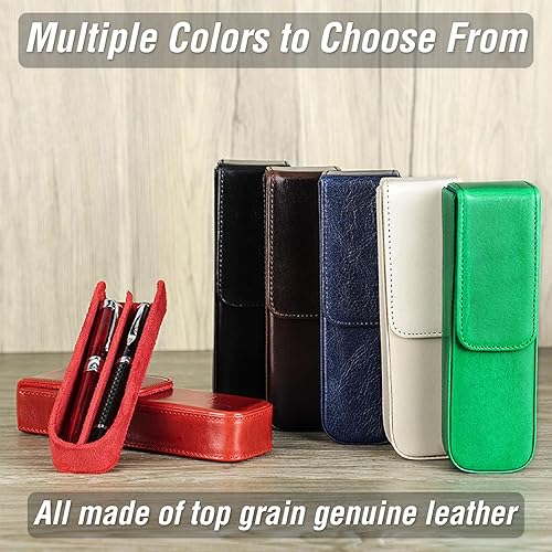 Miniatura 9 de Estuche de cuero genuino de grano superior para 2 bolígrafos estilográficoslápices, diseño minimalista de moda, hecho a mano, cierre magnético con
