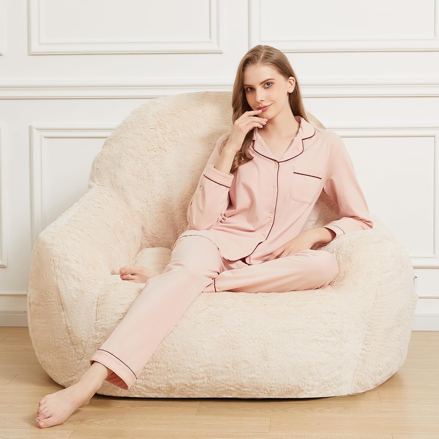 Pcinfuns Giant Bean Bag Chair, Oversized Bean Bag Couch for Adults and Kids, Bean Bag Couch Stuffed High-Density Foam,Plush Lazy Sofa Comfy Chair for Living Room,Beige