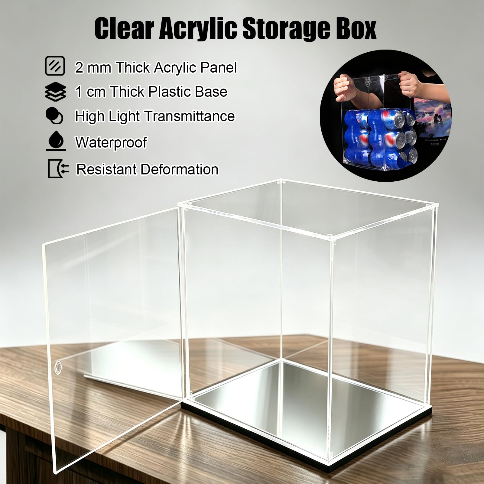 Teca Plexiglass Base a Specchio, Scatola in Acrilico con Sportello, Vetrina | Una Scatola di Vetro Alternativa con Apertura Laterale, Contenitore Trasparente per L'organizzazione Domestica