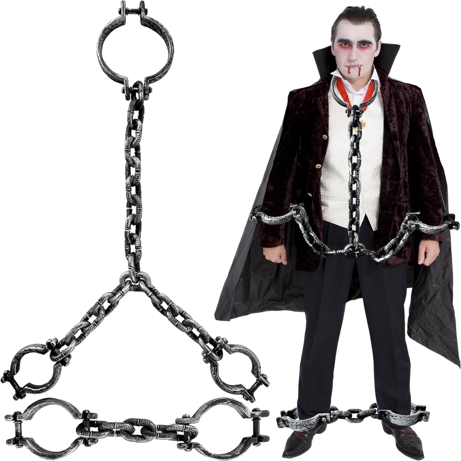 Plastic Fake Toy Handcuffs Headcuffs Footcuffs Chain Shackles Set,Prison Wrist and Leg Shackle Props for Halloween Cosplay Costume Party Decoration