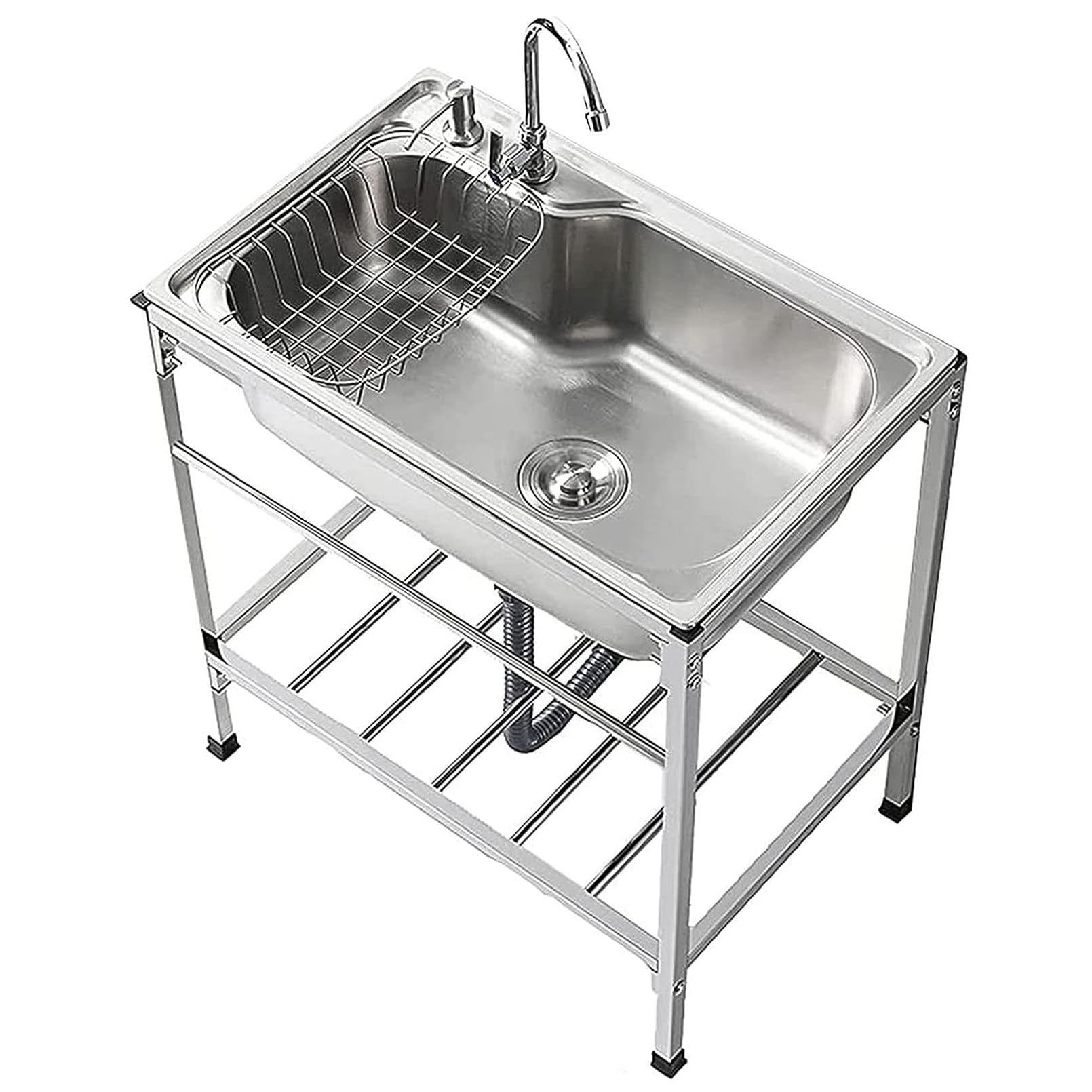 ZQFHSX 304 Stainless Steel Kitchen Sink - Freestanding Commercial Prep with Hot Cold Water Tap, 71x47x85cm