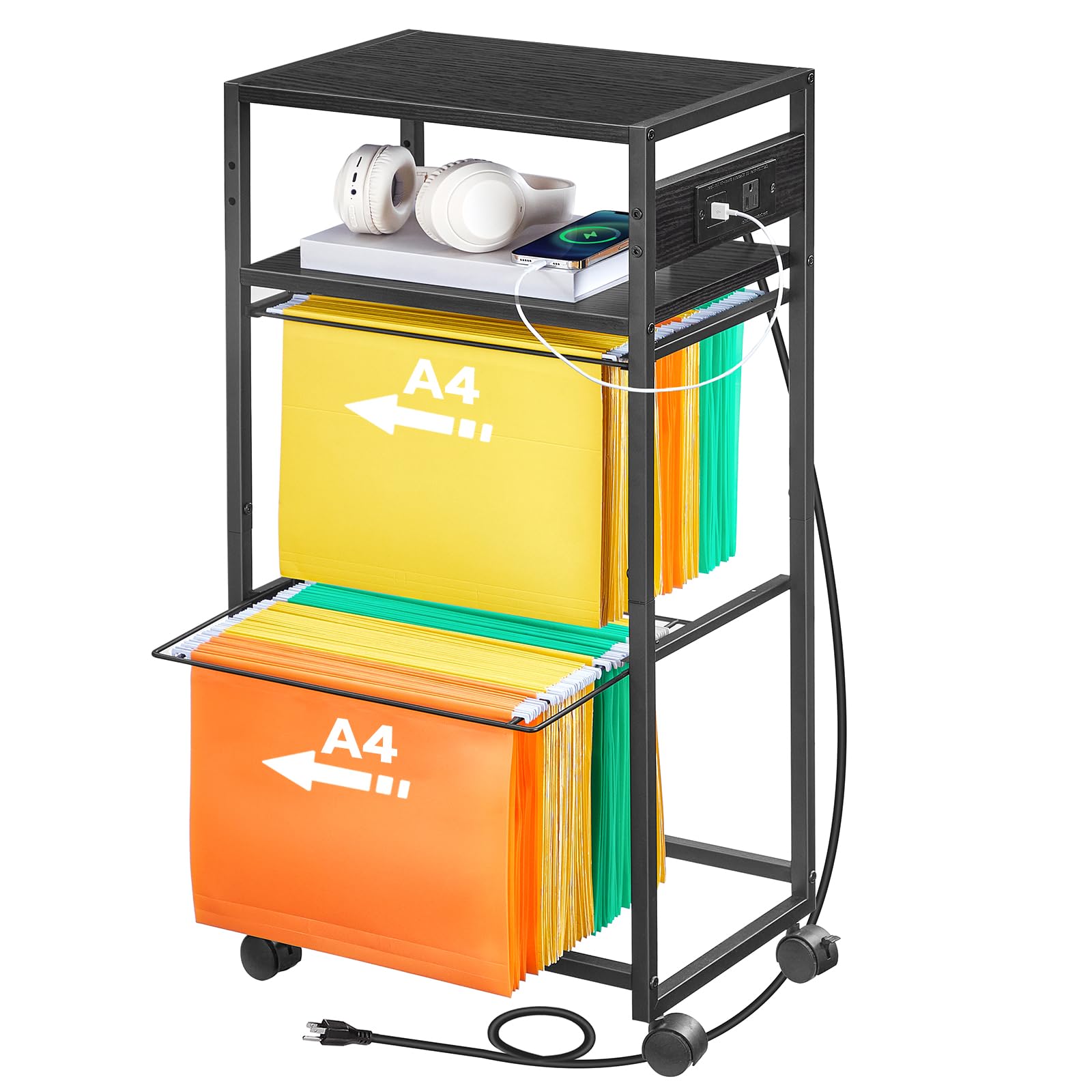 HOOBRO File Cart, Filing Cabinet with Outlet and USB Ports, 2 Tiers Metal Rolling File Carts, Pull-Out Filing Holders, Only Suitable for A4 Size Hanging Folders, for Home Offic, Black BB81UWJ01