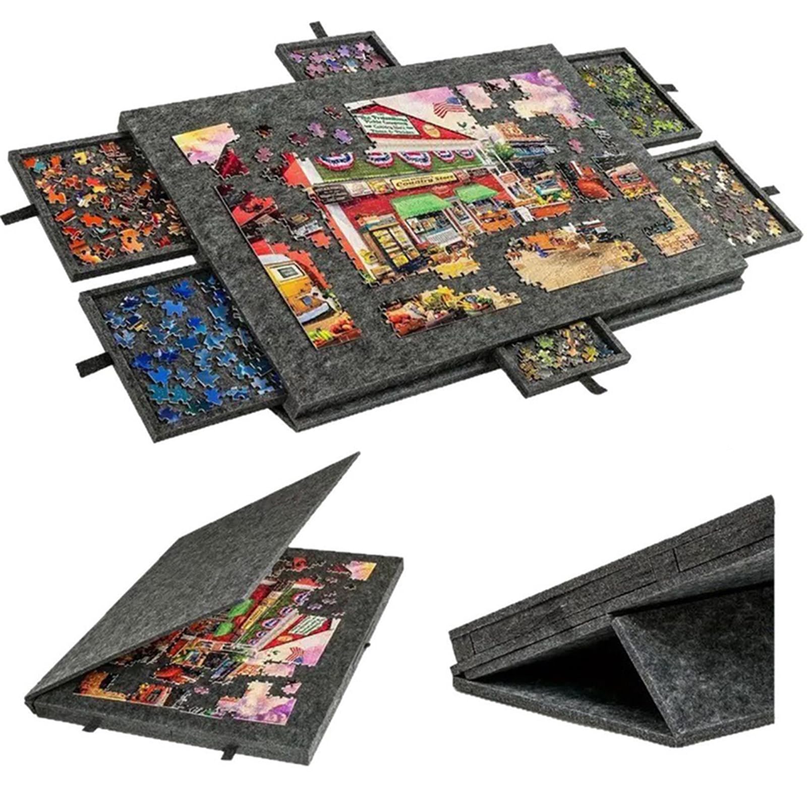 Planche de puzzle 2 en 1 de 1000 pièces avec 6 tiroirs, table de puzzle inclinable et pliable en feutre avec couvercle et support, dossier de puzzle portable pour rangement, plateau de puzzle