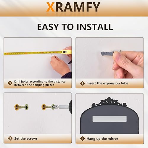 Miniatura 7 de Espejo de baño arqueado de 36" x 24", espejo de pared con marco de metal tallado y arte tallado en la parte inferior, espejo de tocador para