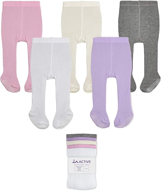LA Active Baby Tights - 5 Pairs - Non Skid/Slip Cotton (Pink/White/Ivory/Lavender/Grey, 12-24 Months)