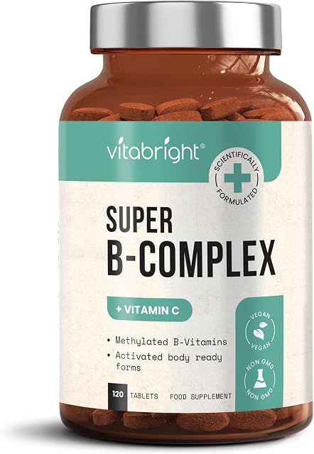 Vitamin B Complex Supplement - 11 B Vitamins (B1, B2, B3, B4, B5, B6, B7, B8, B9, B10, B12) - Plus VIT C - 120 Tablets - High Strength Advanced Formula for Easy Absorption - Made in UK by VitaBright
