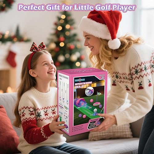 Miniatura 8 de Juego de golf para niños con dinosaurio de retorno automático de golf, bolas de golf nocturnas con luz LED, 3 palos, alfombra de putt, 3-8 juegos de