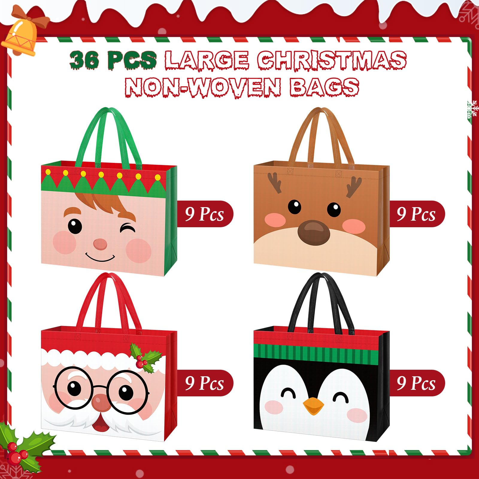 Hillban Lot de 36 sacs cadeaux de Noël extra larges réutilisables en vrac non tissés avec poignées - 41 x 32 x 17 cm