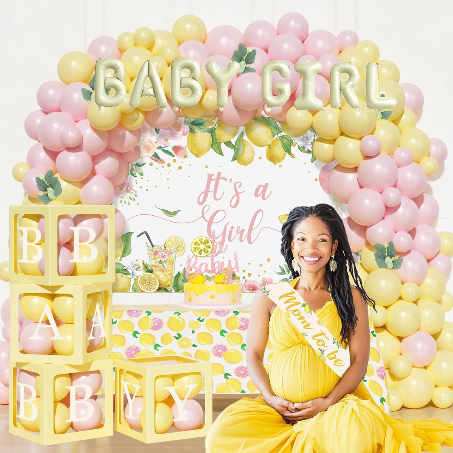 Costova Lemon Baby Shower Decorations, Its a Girl Baby Shower Party Decorations, Lemon Themed Backdrop Balloon Boxes Tablecloth Cake Topper Sash for Yellow Pink Lemon Party Supplies