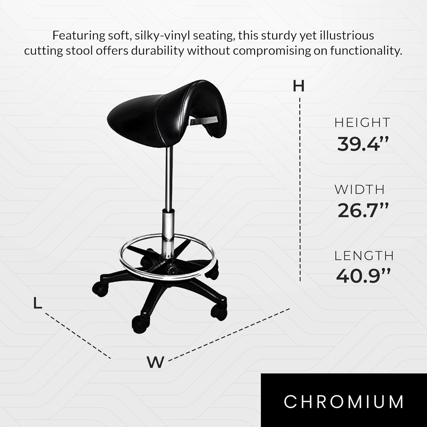 Chromium Professional Rotational Saddle Cutting Stool with High Density Foam Cushions and Steel Frame for Hair Cutting, Styling, and Perming, Black