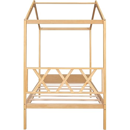 iPOOK House Platform Bed with Roof, Solid Wood Twin Size