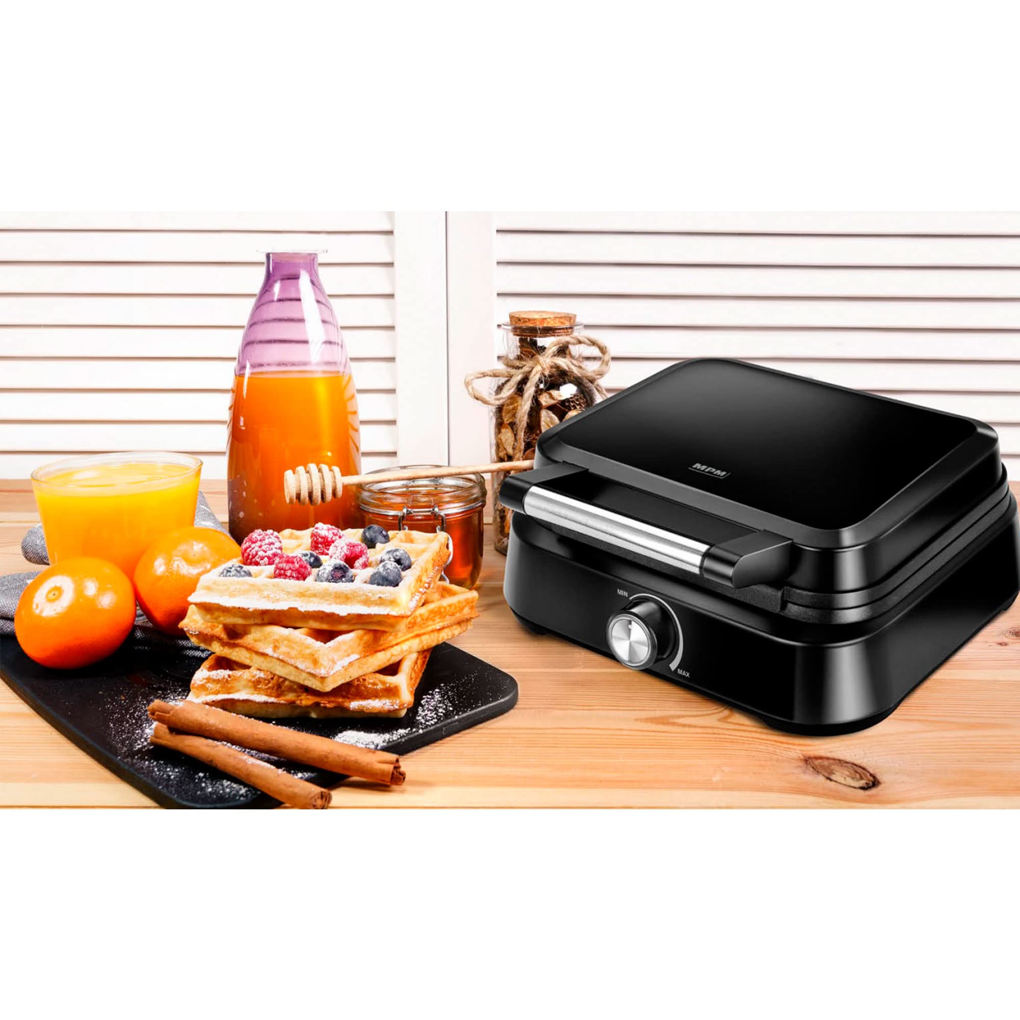 MPM MGO-40 Gofrera Profesional para 2 Gofres Belgas Gruesos, Placas Antiadherentes, Regulador de Temperatura, 1500W, Negro