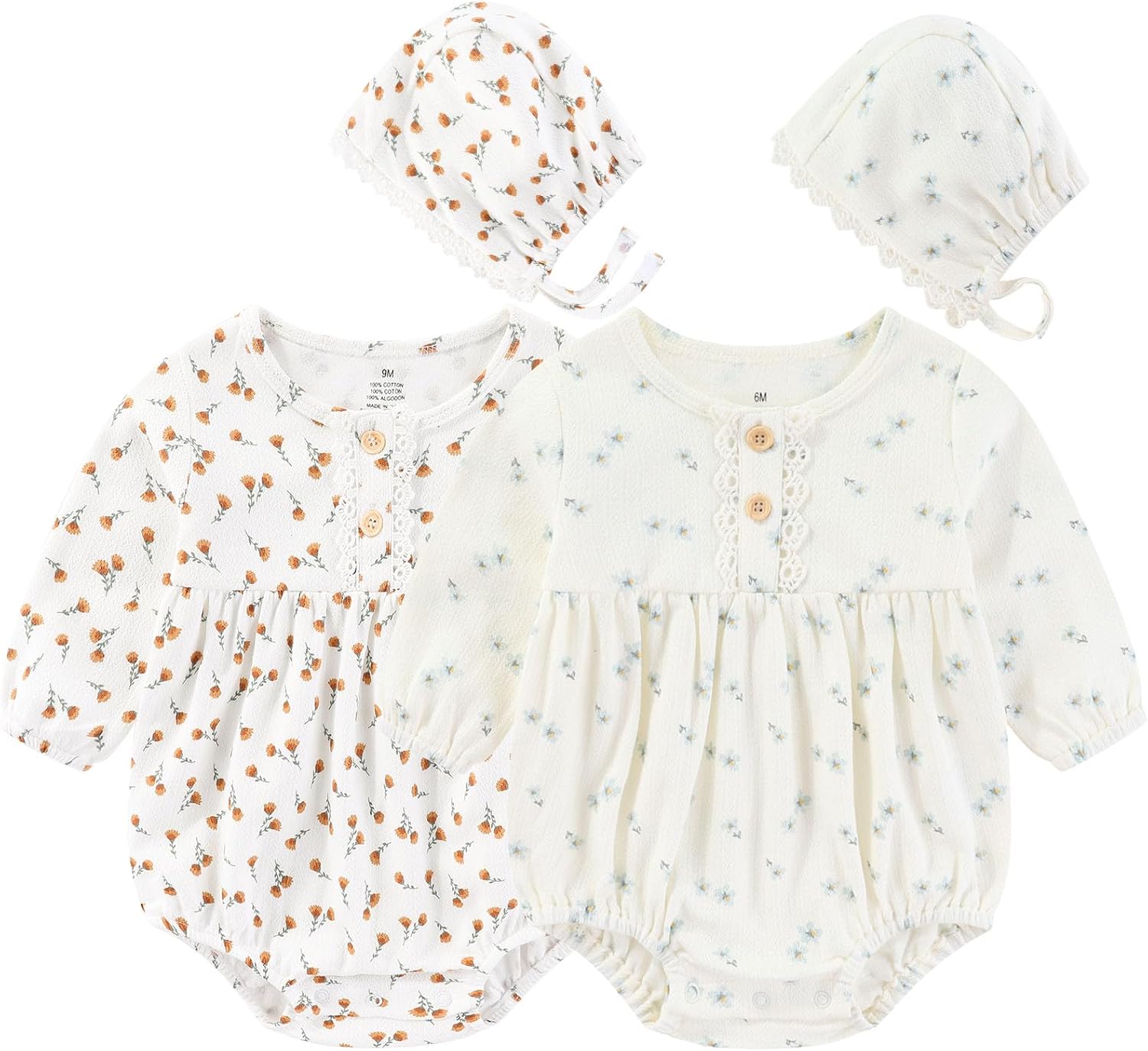 Ruliby Baby Girl Clothes Cotton Bubble Romper Floral Bodysuits Infant Outfit Set