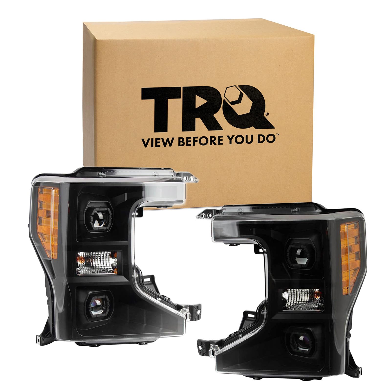 TRQ 2 Piece Headlight Assembly Set Black Bezel Driver and Passenger Side Compatible with Ford F250 Super Duty F350 Super Duty 2020-2022 F450 2020-2022 F550 2020 FO2502405 FO2503405