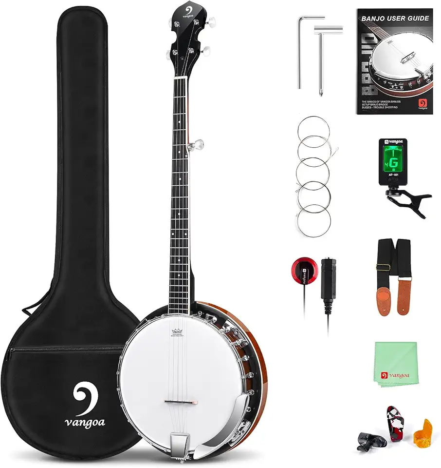 Vangoa Banjo, 5 cordas, banjo aberto de mogno com ressonador, com manual de iniciante, kit para iniciantes