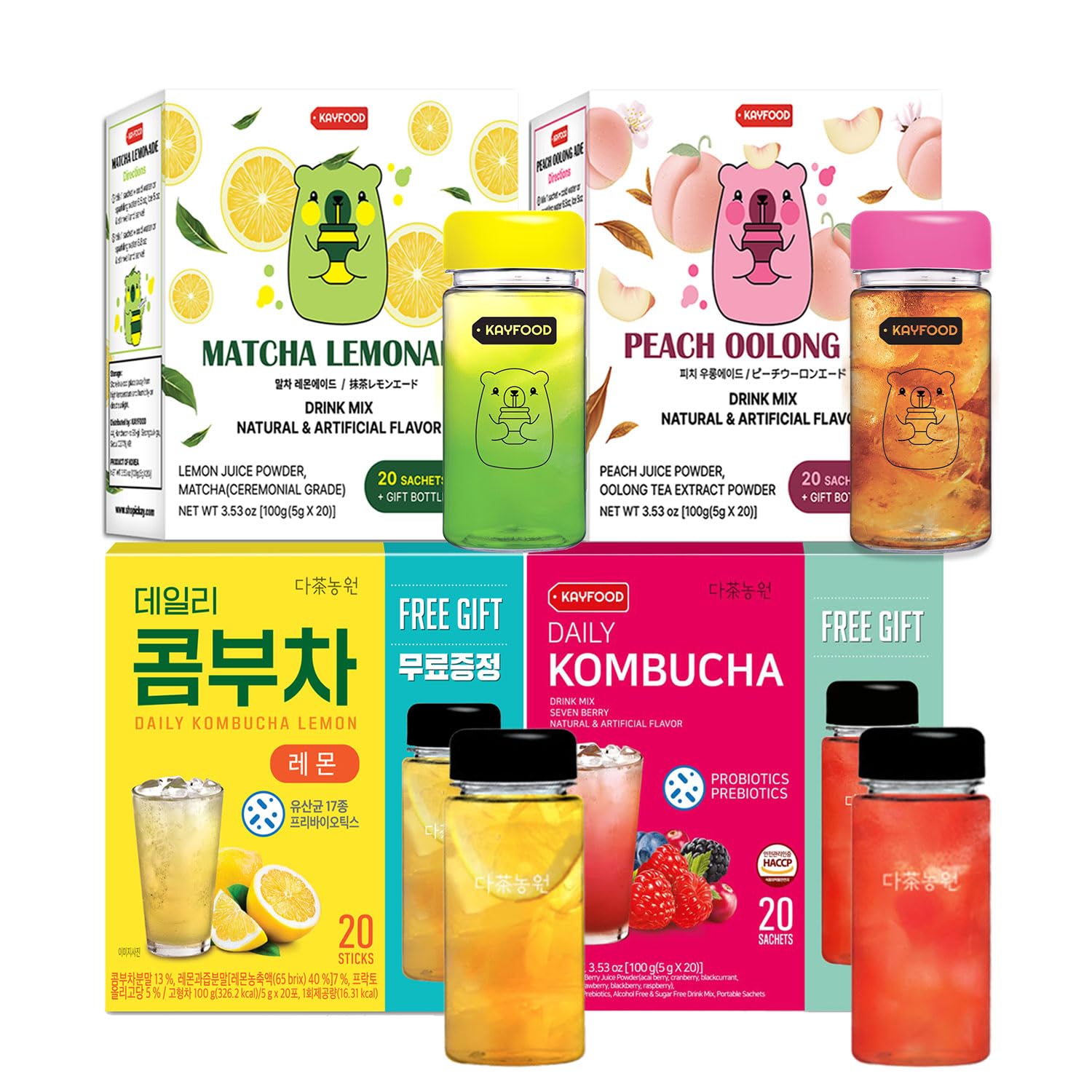 KAYFOOD-Beverage Set-Kombucha-Teaade-Garden-Daily Low Calories Healthy Beverage Fermented Korean Drinks (Sevenberry 20ST, Matcha Lemon 20ST, Peach Oolong 20ST, Lemon 20ST)