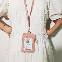 Vista 3 de bolimoss Soporte para tarjeta de identificación con cordón para el cuello, cartera de piel sintética, cordón rosa con soporte para identificación