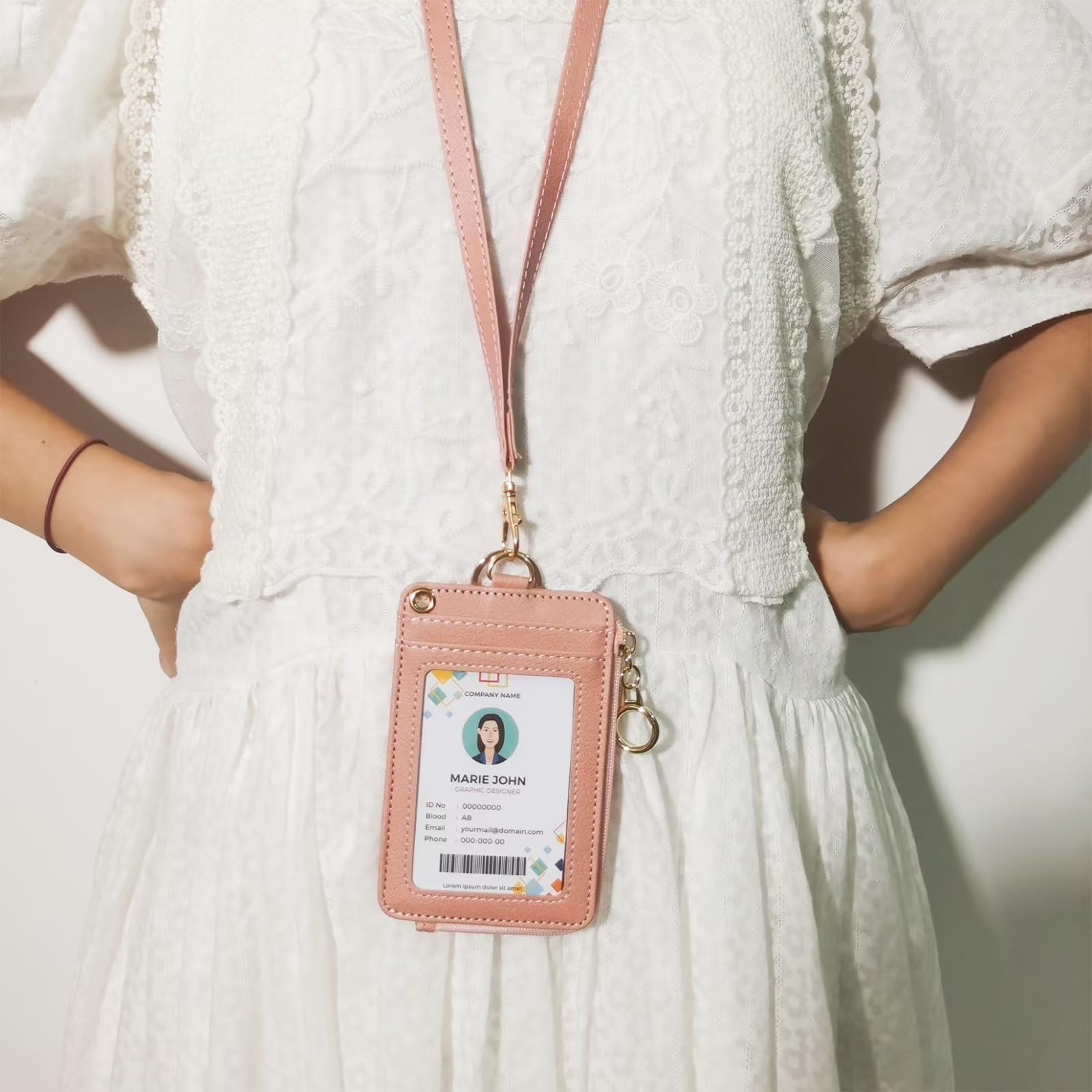 Id Badge Holder with Neck Lanyard Pu Leather Wallet,Pink Lanyard with Id Holders,Wristlet & Long Lanyard, 1 Clear Window - Image 3