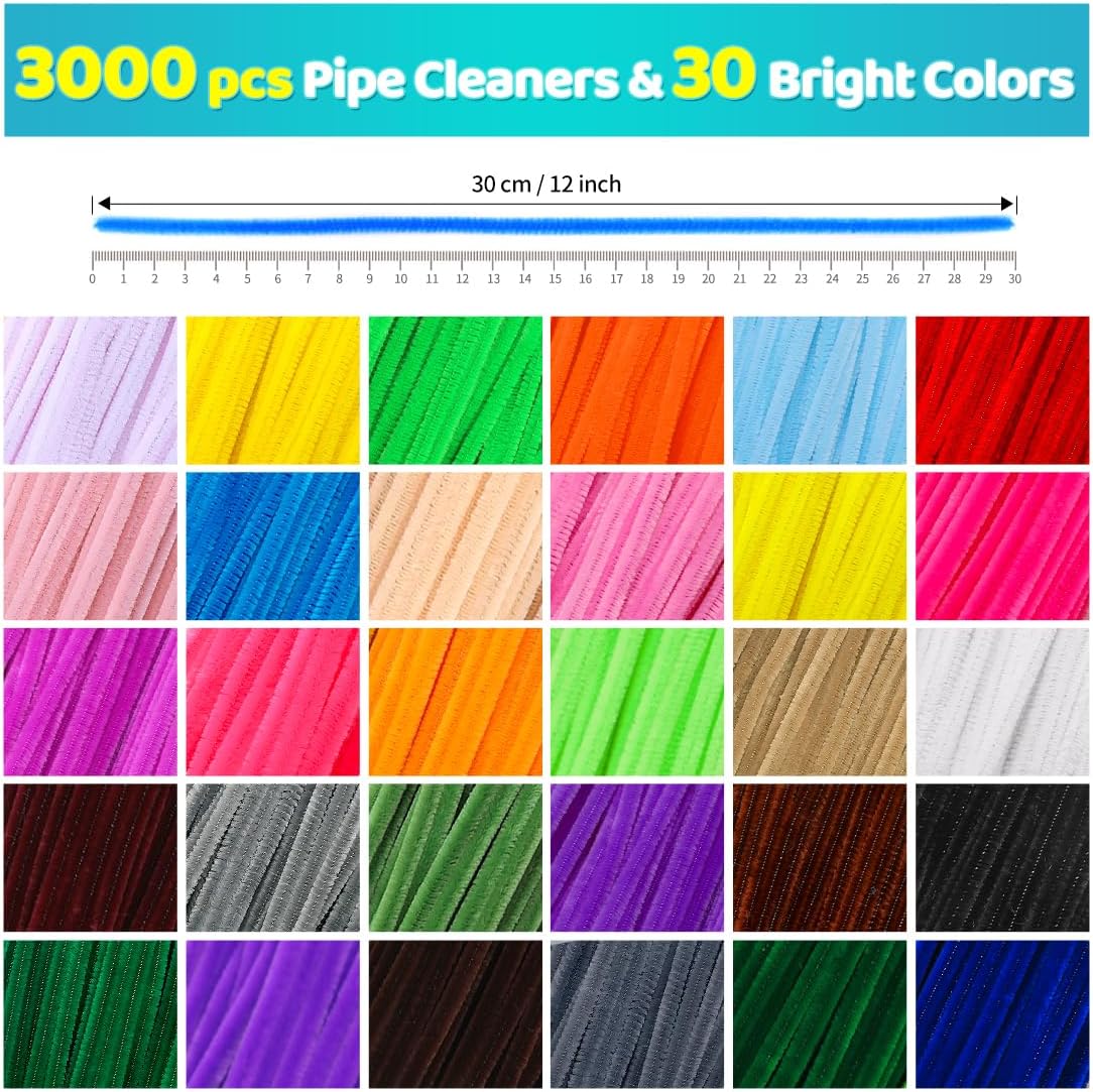 IOOLEEM Pipe Cleaners, 3000pcs 30 Colors, Pipe Cleaners Bulk Whloesale with Instructions, Chenille Stems for Flower Making DIY Festival Party Home Decorations Arts Crafts Projects