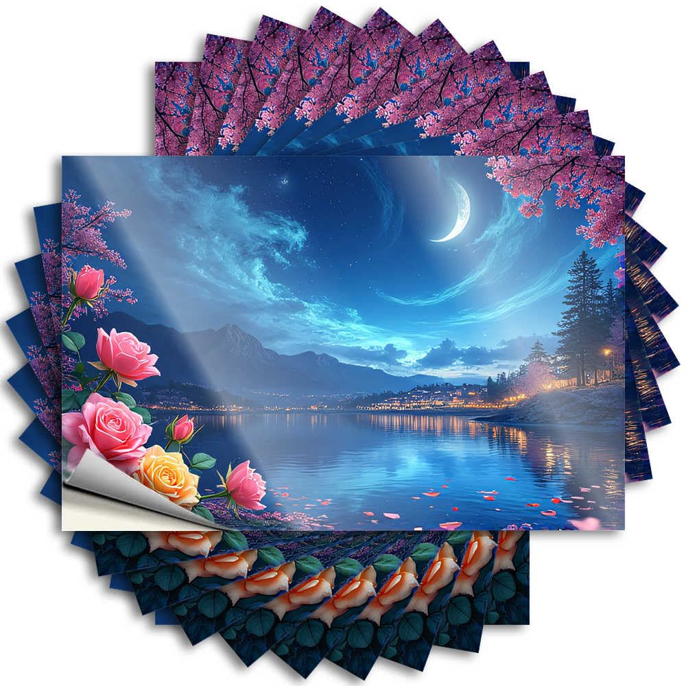 Fzfn Men's Colour Stickers - Core Garage Magical Night By The Lake With Flowers For Outdoor Winter(6X9cm)