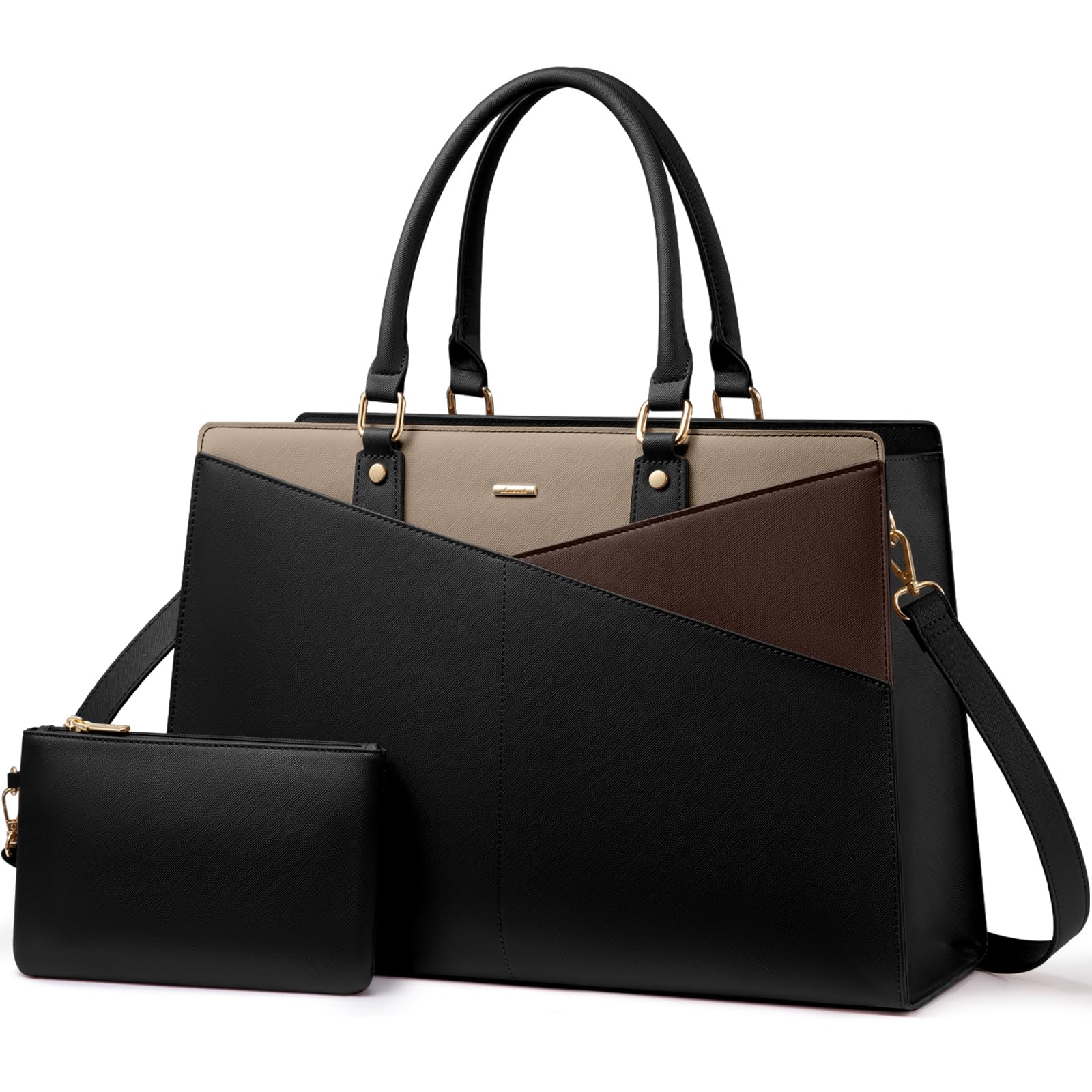 LOVEVOOK Laptop Tote Bag for Women, Leather Business Office Work Bag Computer Briefcase with Small Clutch fit for 15.6 Inch Laptop,Black-Khaki-Coffee