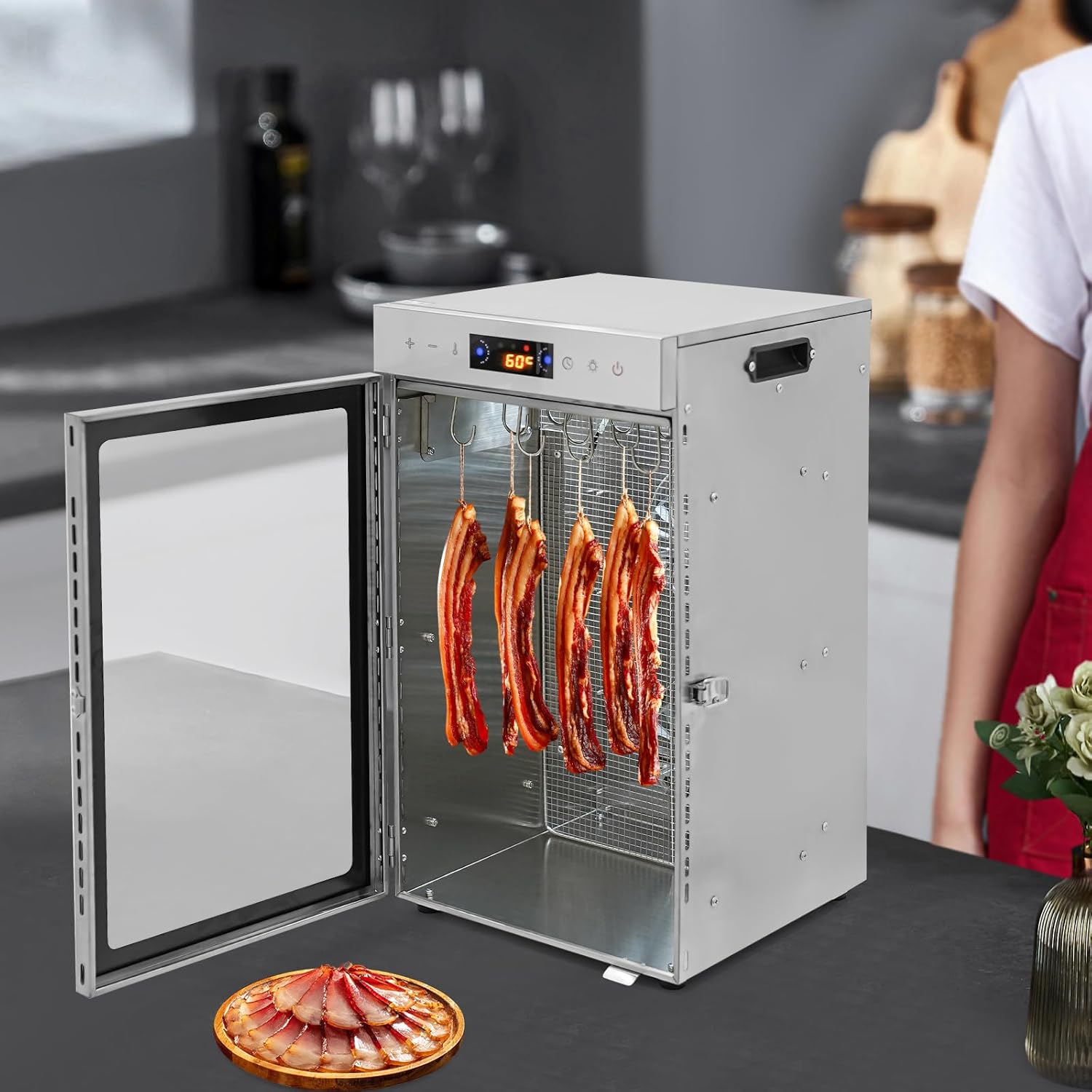 Stainless Steel Biltong Box Food Dehydrator and Drying Cabinet with 12 Hooks, 30-80°C Temperature Control, 0.5-24H Timer – for Drying Biltong, Meat, Vegetable & Fruit