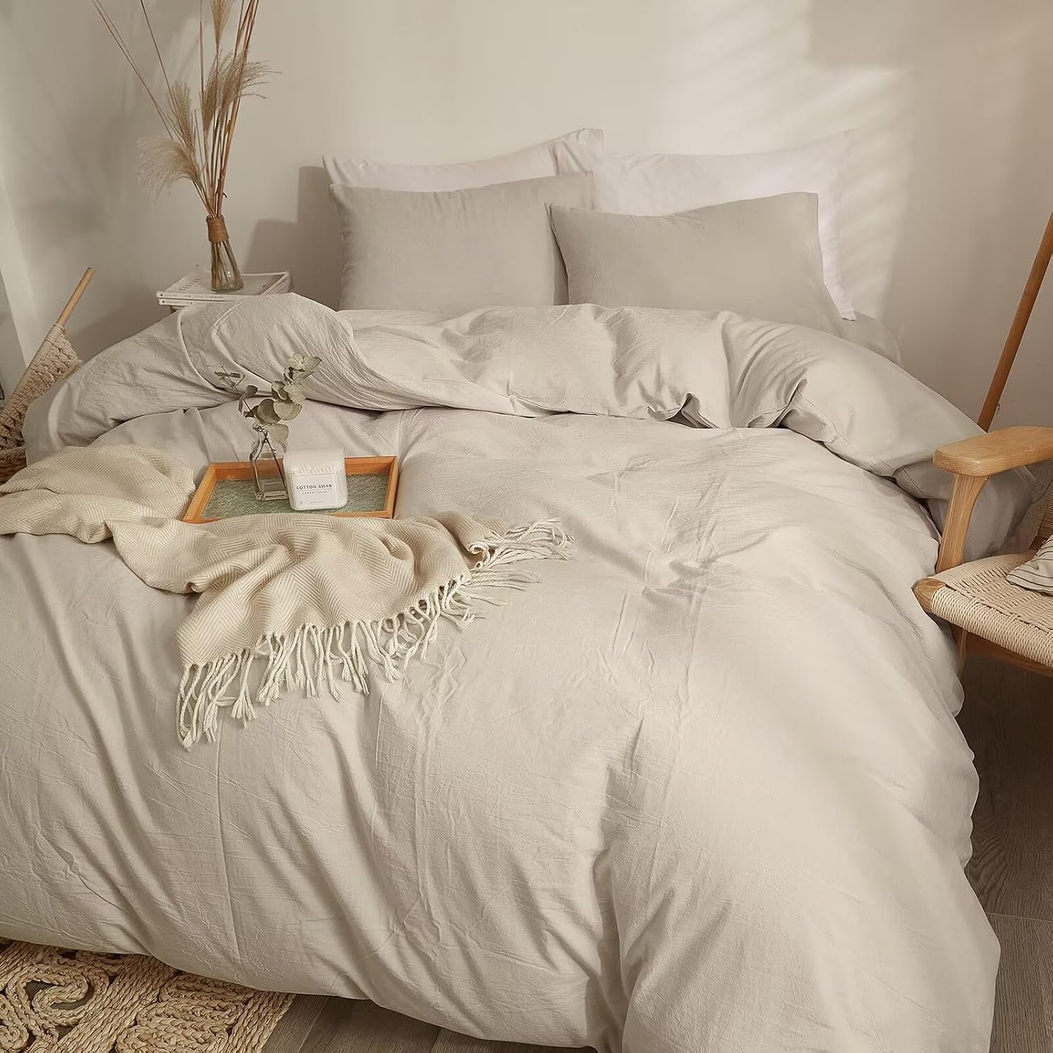 Washed 100% Cotton Twin XL Duvet Cover Pumpkin Soft Breathable,3 Pcs Bedding Set(1 Duvet Cover and 2 Pillowcases) for All Season,Cotton Comforter Covers Beige 68"X90"