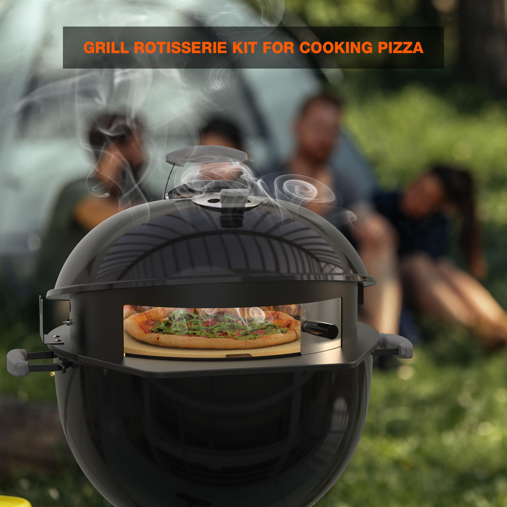 onlyfire PizzaRing Rotisserie Set für Weber 57 cm Kettle Holzkohlegrill, Grillspieß Set Drehspieß mit Motor, 38cm Pizzastein, Holzkohle-Ring, Pizzaeinsatz