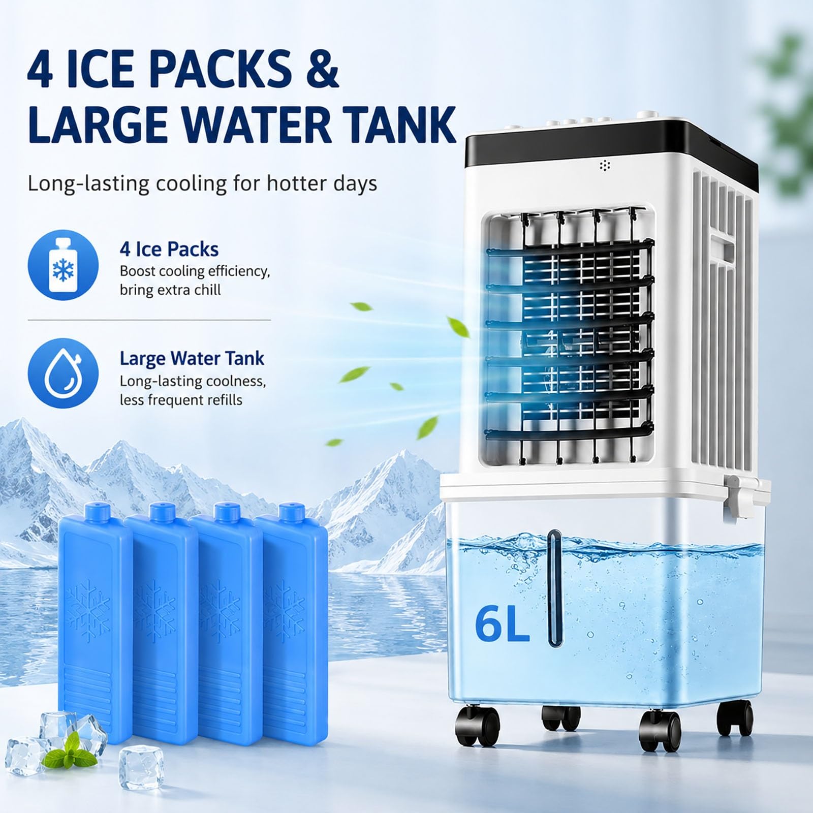 Enfriador de Aire Evaporativo 6L, Ventilador Climatizador Portátil con 4 Acumuladores de Frío, 3 Velocidades, Oscilación 120°, Silencioso para Hogar y Oficina