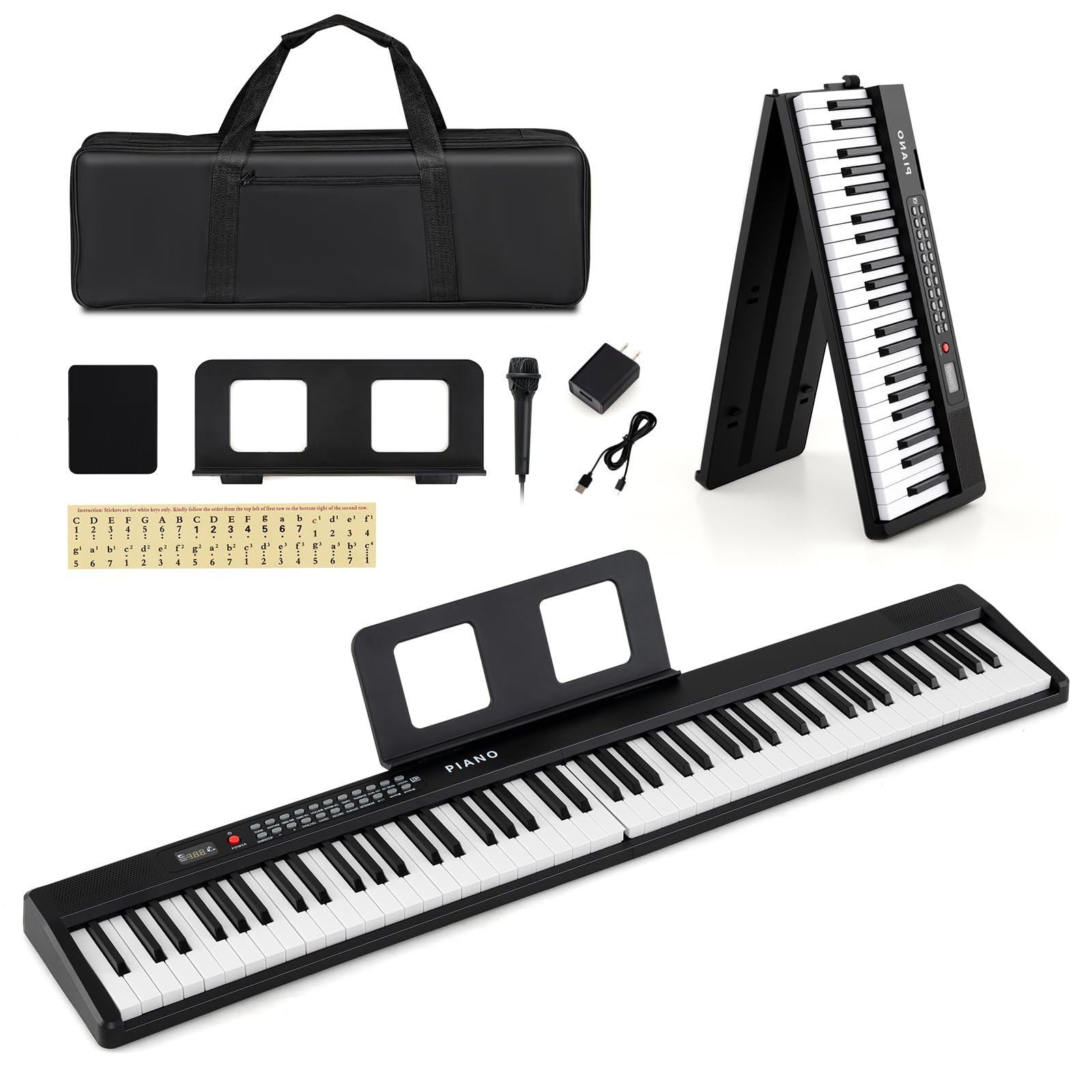 KOMFOTTEU Piano Numérique 88 Touches, 1000 Sons, 1000 Rythmes & 150 Chansons de Démonstration, Clavier de Piano Électroniques avec Microphone, Pianos Numériques pliables, Double Clavier, noir