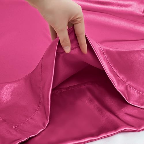 Miniatura 7 de VACVELT Juego de sábanas de satén de 4 piezas con bolsillo extra profundo, juego de sábanas de satén rosa intenso para colchón de bolsillo profundo