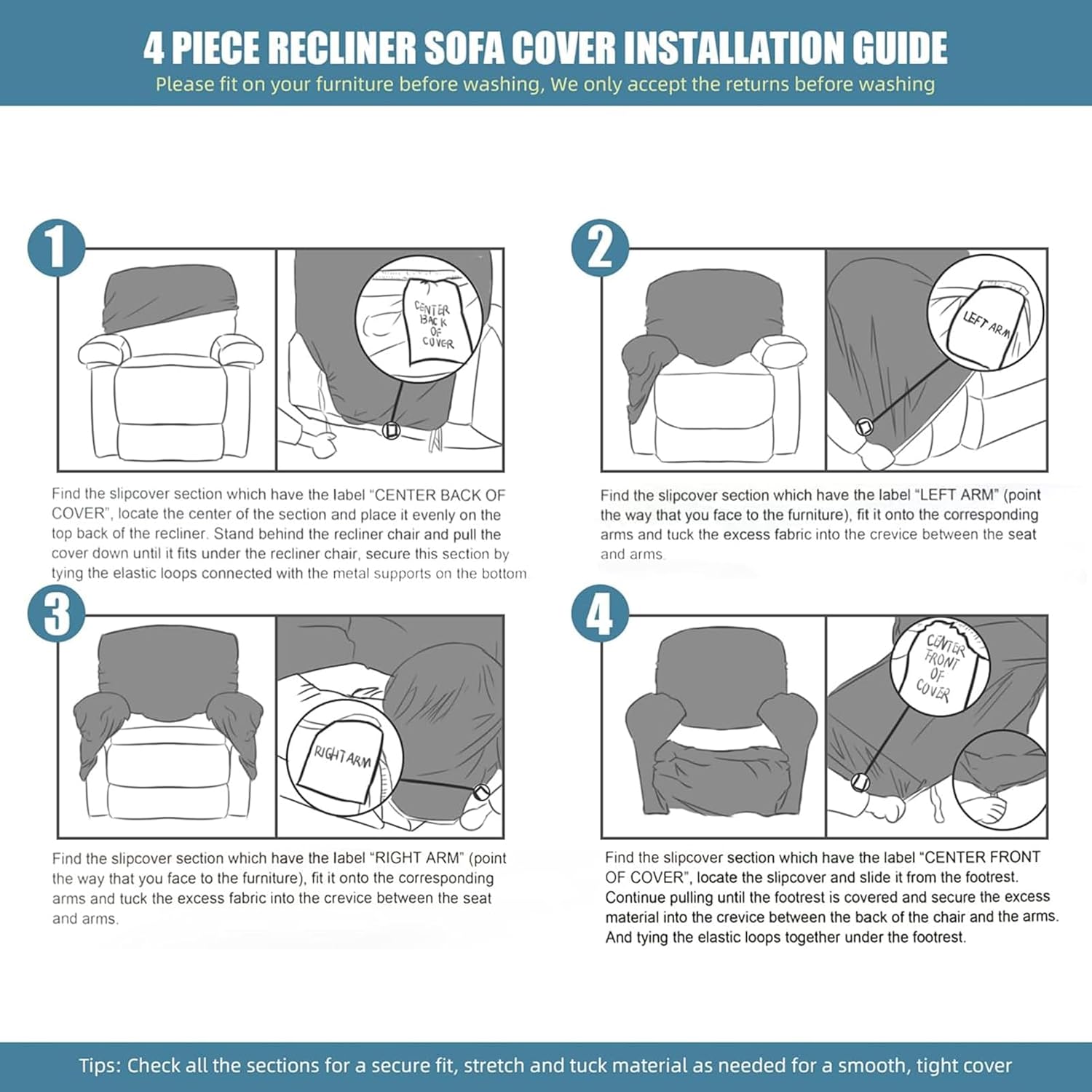 Recliner Chair Slipcovers 4 Pieces Stretch Recliner Armchair Covers Furniture Protector with Side Pocket (Nature)