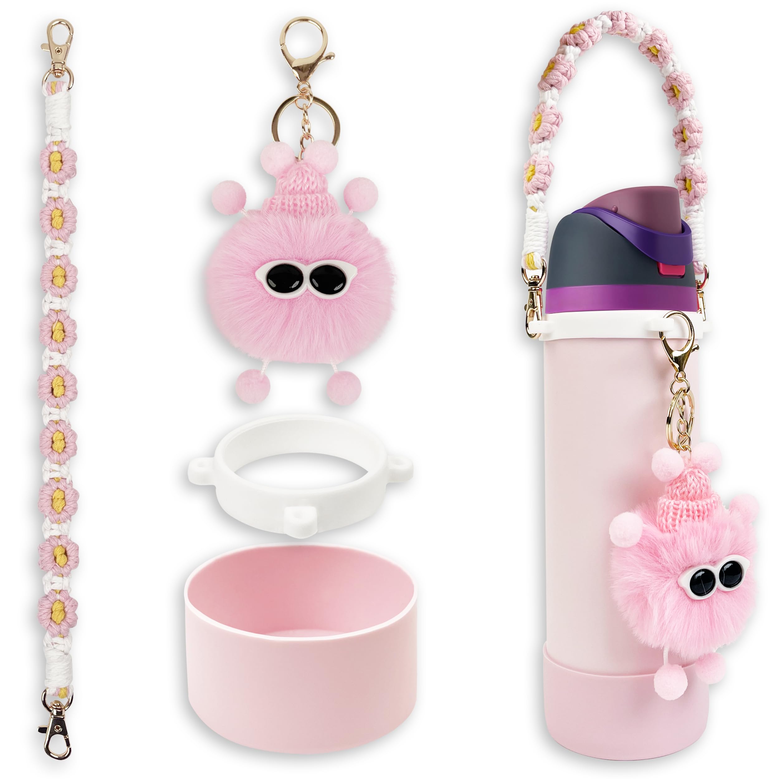 Silicone Boot Set for Owala Water Bottle 24 oz, Includes Water Bottle Handle Strap & Cartoon Charm, Perfect Owala Accessories, Fits Owala Tumbler, Owala Free Sip, for Pink owala (Pink)