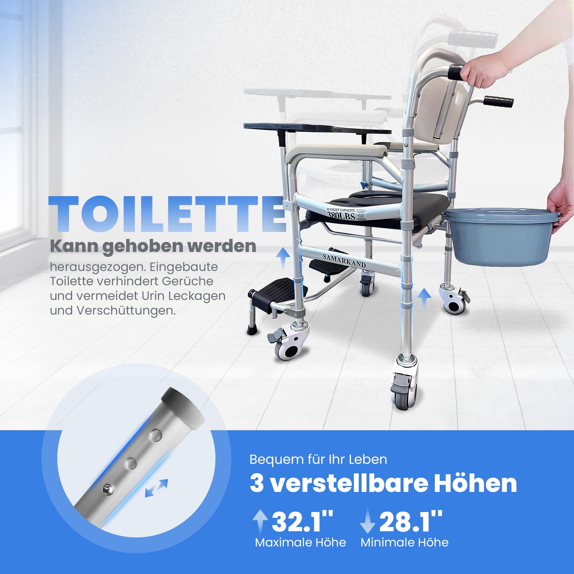 Toilettenstuhl Für Senioren 3-1 Tablett & Toilettenhocker – Duschstuhl Mit Rollen Erwachsene, Komfortabler Toilettenstühle – Toilettenstuhl Fahrbar Alltag, Pflege, Bad Duschrollstuhl Nachtstuhl